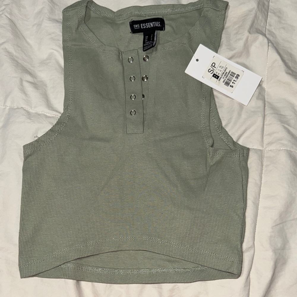 Essentials Sage Ribbed Snap-Front Crop Tank